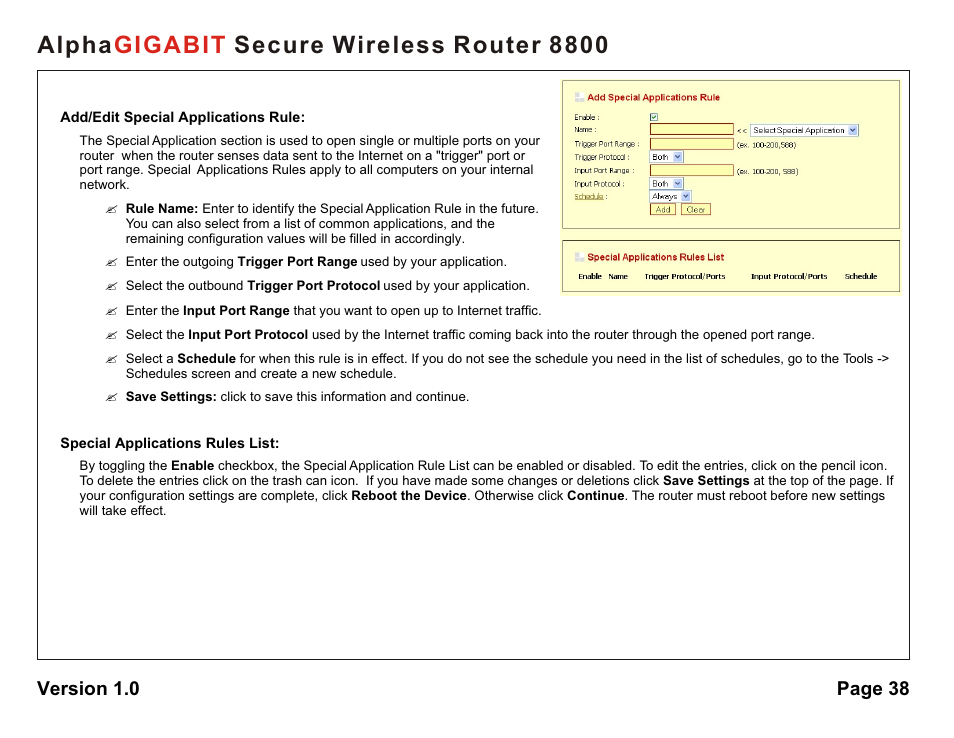 Alpha secure wireless router 8800 gigabit, Version 1.0 page 38 | AlphaShield 8800 User Manual | Page 38 / 81