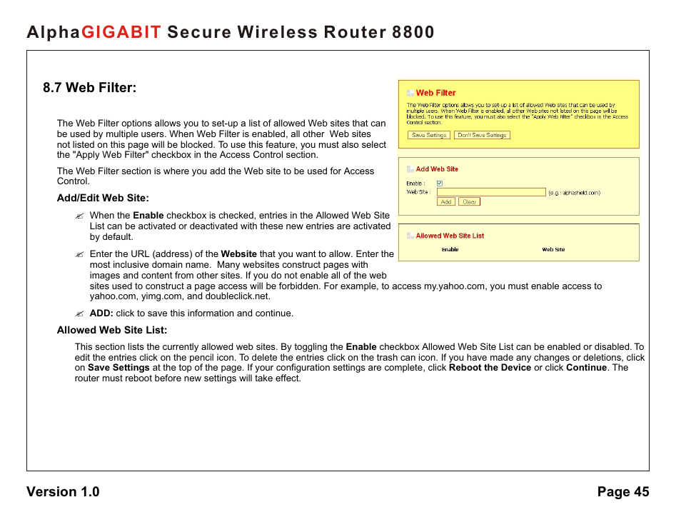 Alpha secure wireless router 8800 gigabit | AlphaShield 8800 User Manual | Page 45 / 81