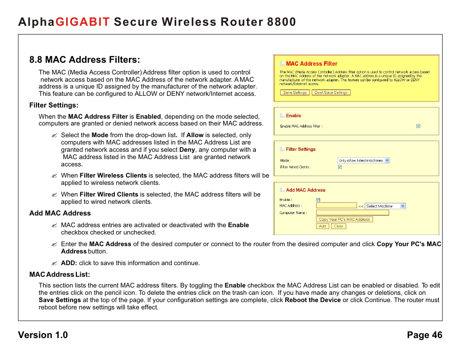 Alpha secure wireless router 8800 gigabit, 8 mac address filters, Version 1.0 page 46 | AlphaShield 8800 User Manual | Page 46 / 81