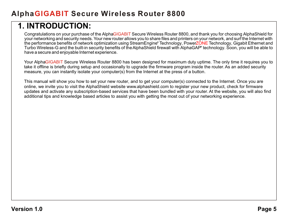 Introduction, Alpha secure wireless router 8800 gigabit, Version 1.0 page 5 | AlphaShield 8800 User Manual | Page 5 / 81