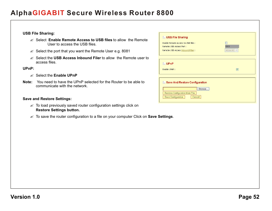 Alpha secure wireless router 8800 gigabit, Version 1.0 page 52 | AlphaShield 8800 User Manual | Page 52 / 81