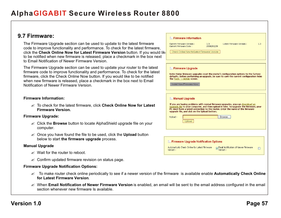 Alpha secure wireless router 8800 gigabit, 7 firmware, Version 1.0 page 57 | AlphaShield 8800 User Manual | Page 57 / 81