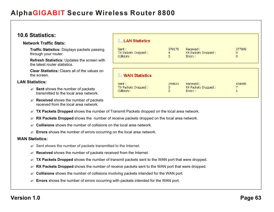 Alpha secure wireless router 8800 gigabit, 6 statistics, Version 1.0 page 63 | AlphaShield 8800 User Manual | Page 63 / 81