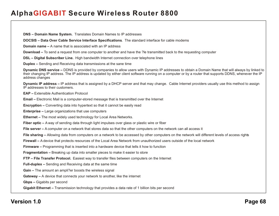 Alpha secure wireless router 8800 gigabit, Version 1.0 page 68 | AlphaShield 8800 User Manual | Page 68 / 81