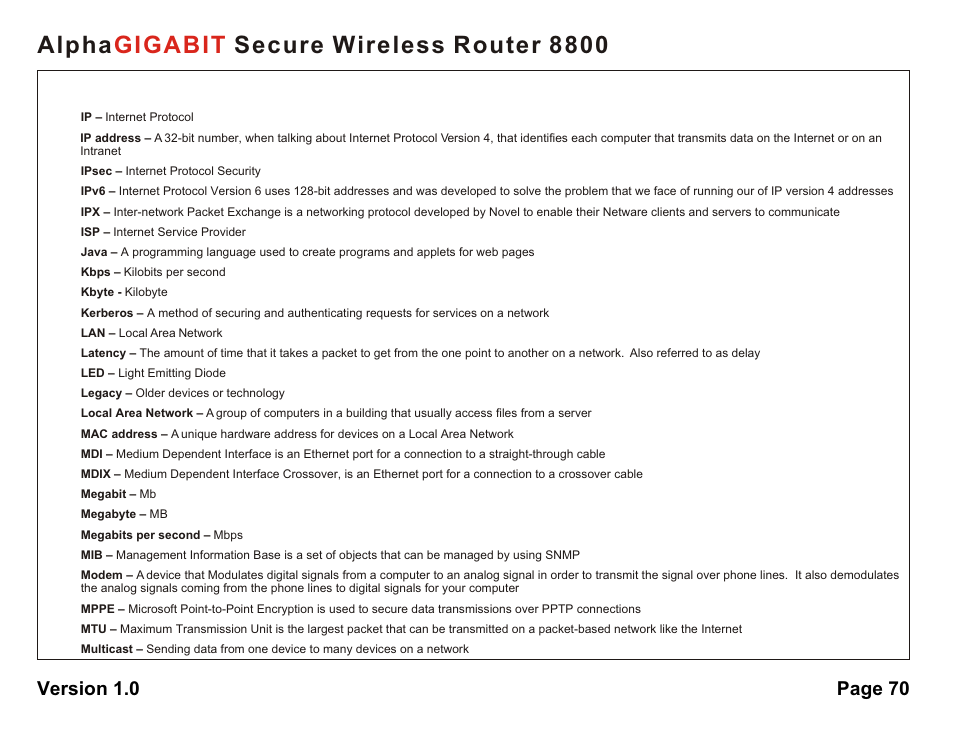 Alpha secure wireless router 8800 gigabit, Version 1.0 page 70 | AlphaShield 8800 User Manual | Page 70 / 81