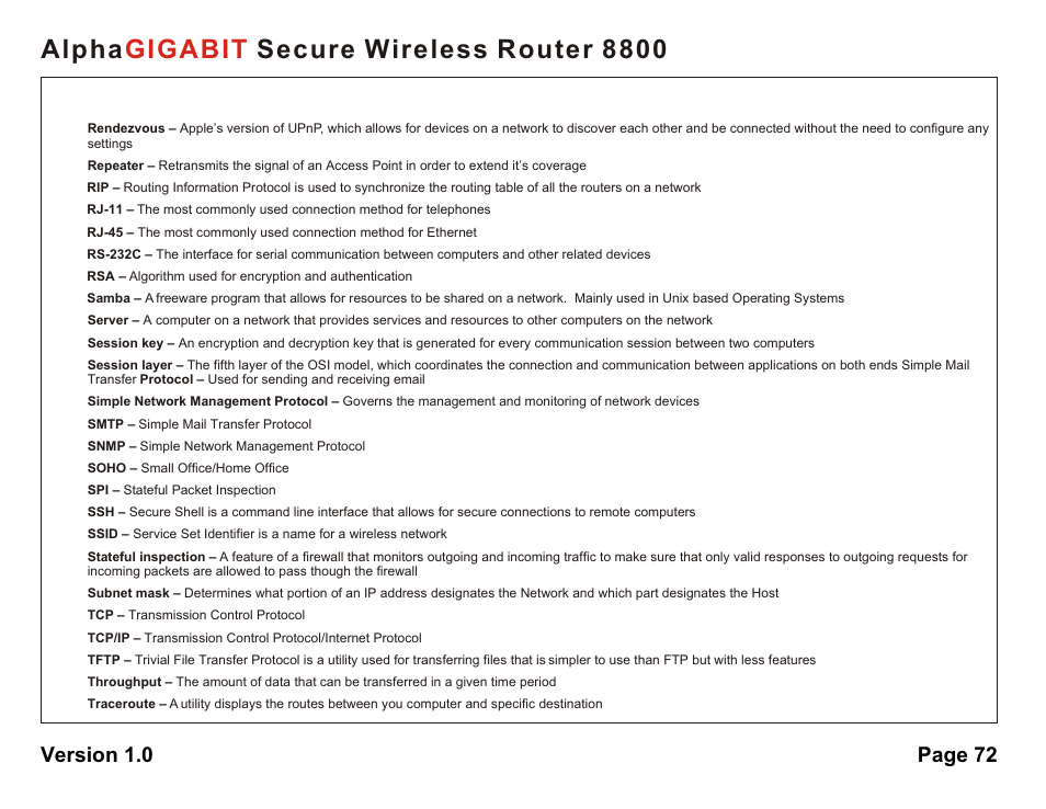 Alpha secure wireless router 8800 gigabit, Version 1.0 page 72 | AlphaShield 8800 User Manual | Page 72 / 81