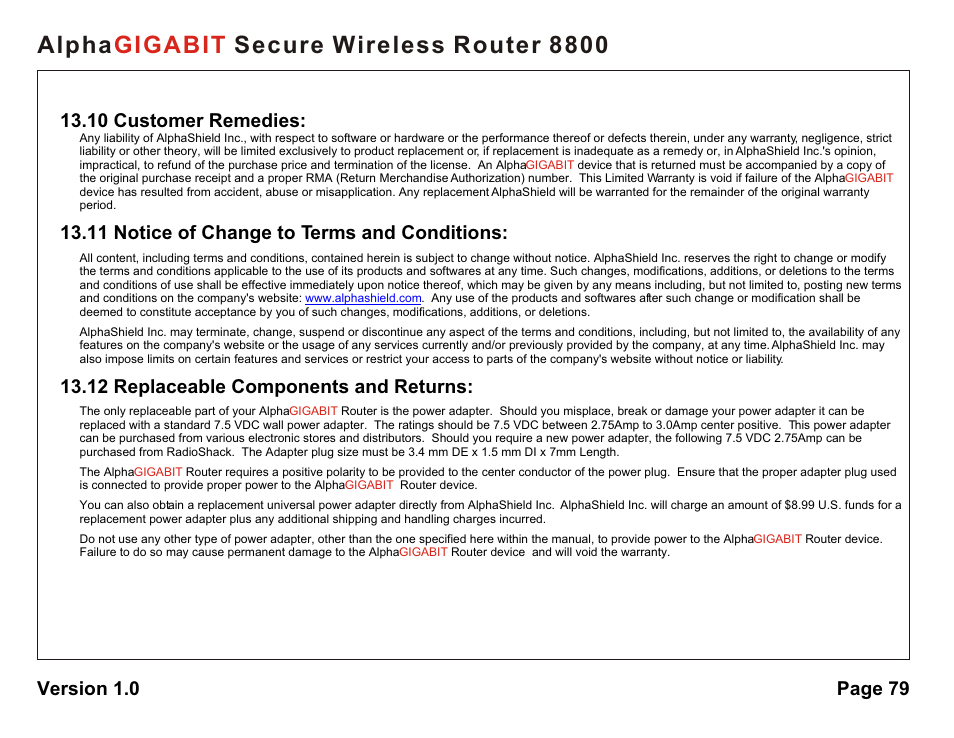 Alpha secure wireless router 8800 gigabit, 10 customer remedies, 11 notice of change to terms and conditions | 12 replaceable components and returns, Version 1.0 page 79 | AlphaShield 8800 User Manual | Page 79 / 81
