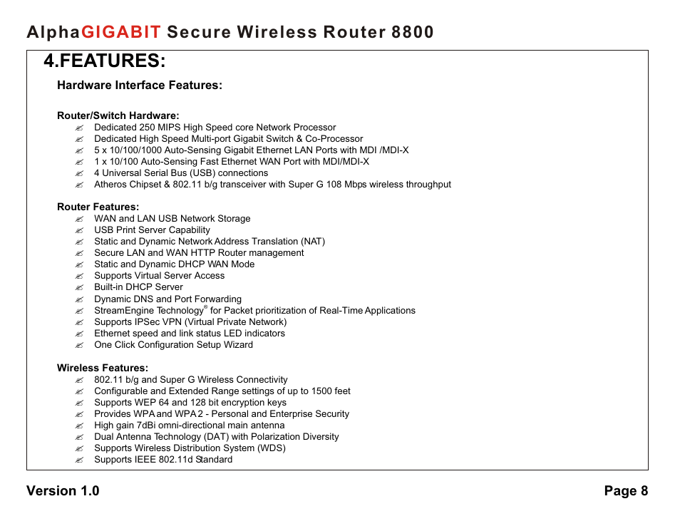 Features, Alpha secure wireless router 8800 gigabit, Version 1.0 page 8 | AlphaShield 8800 User Manual | Page 8 / 81