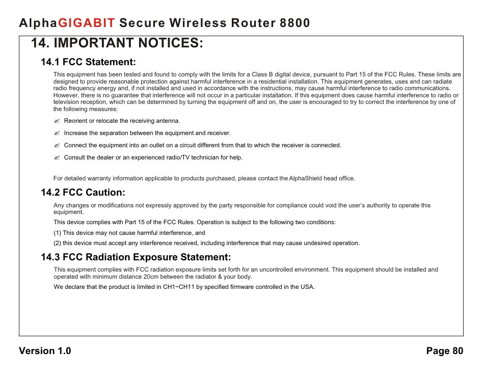 Important notices, Alpha secure wireless router 8800 gigabit | AlphaShield 8800 User Manual | Page 80 / 81