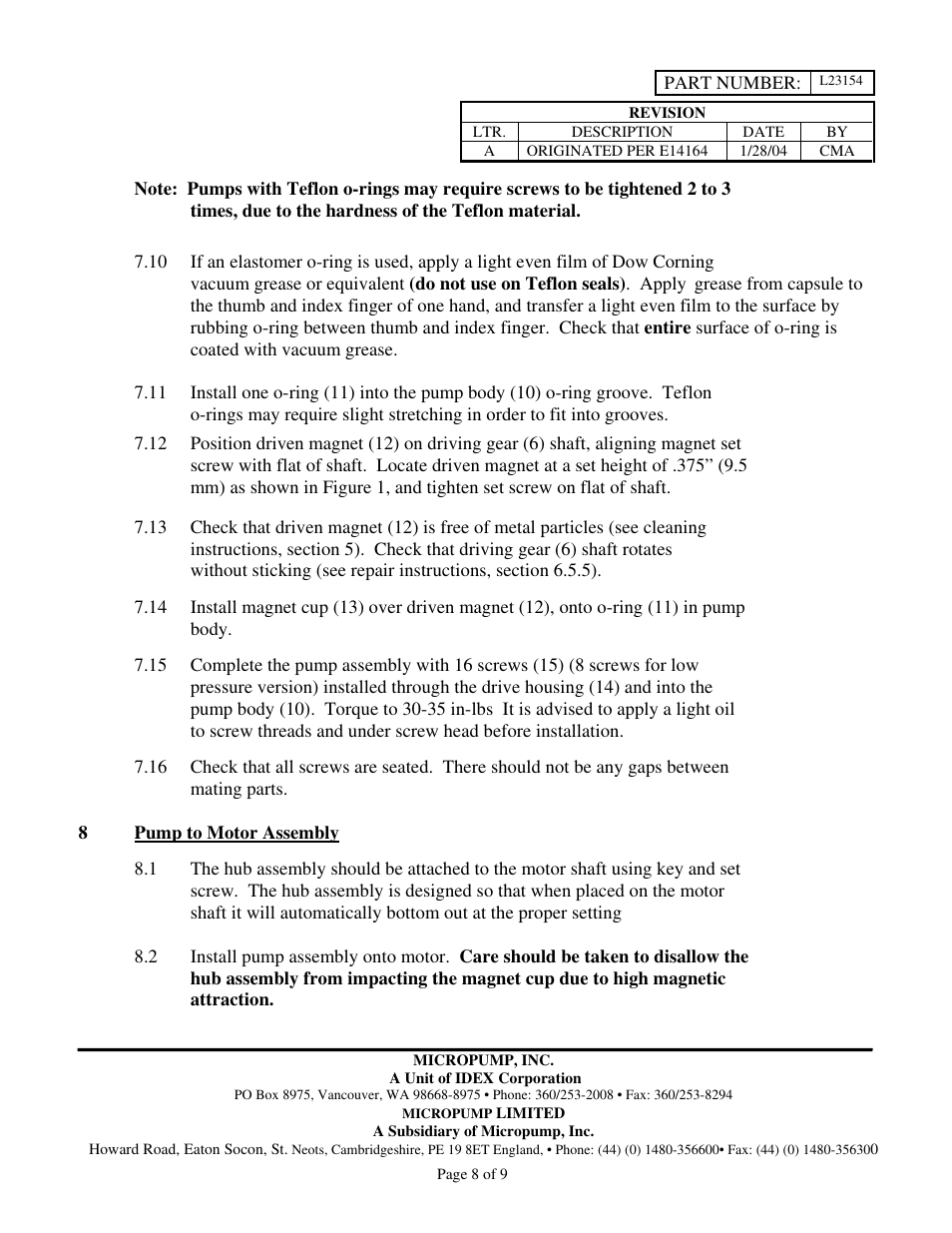 Micropump GM Series Service Instructions User Manual | Page 8 / 9