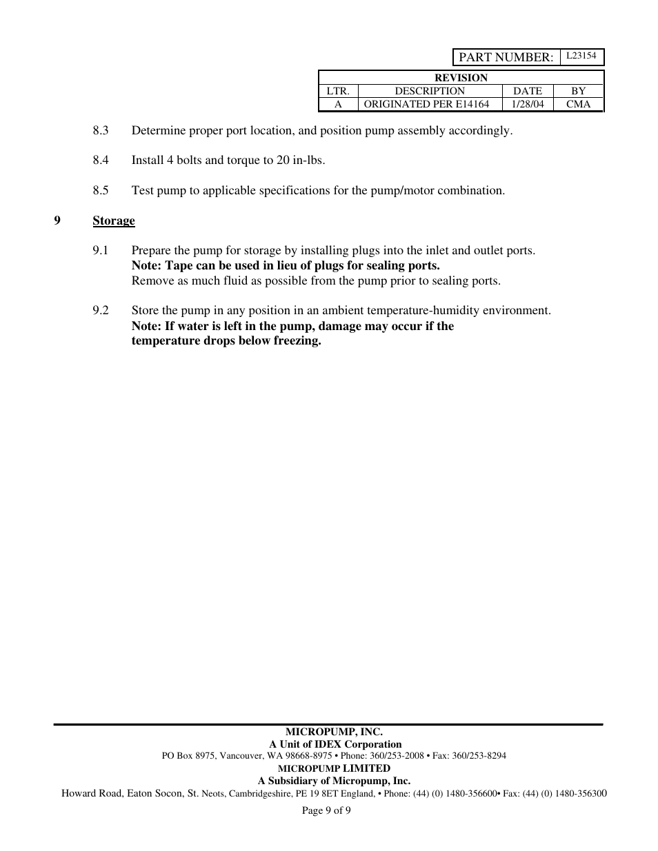 Micropump GM Series Service Instructions User Manual | Page 9 / 9