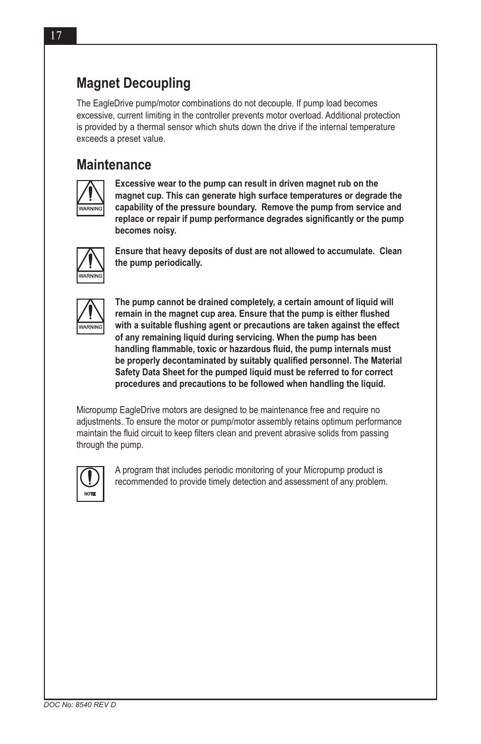 Maintenance, Magnet decoupling | Micropump EagleDrive ELE User Manual | Page 17 / 23