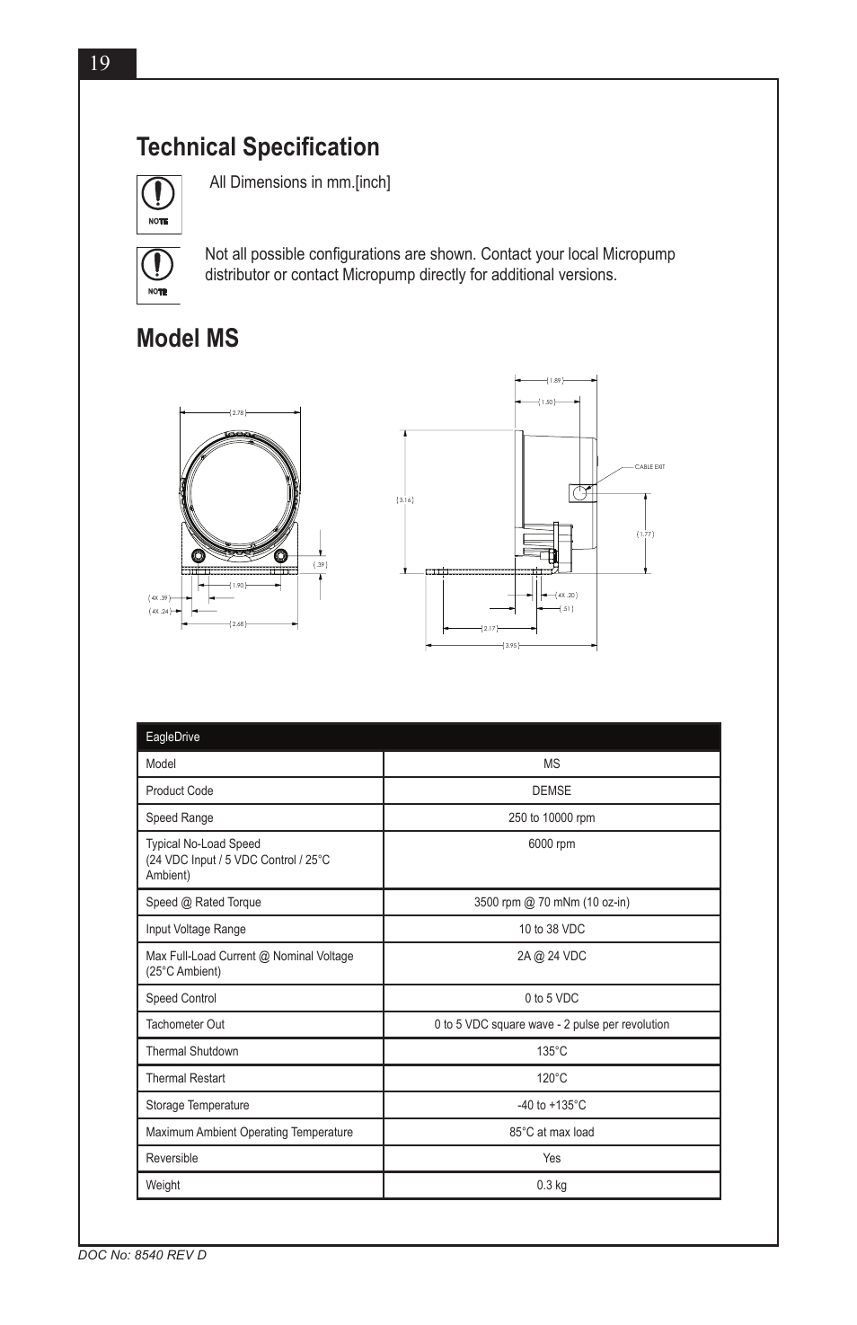 Technical specification, Model ms, All dimensions in mm.[inch | Doc no: 8540 rev d | Micropump EagleDrive ELE User Manual | Page 19 / 23