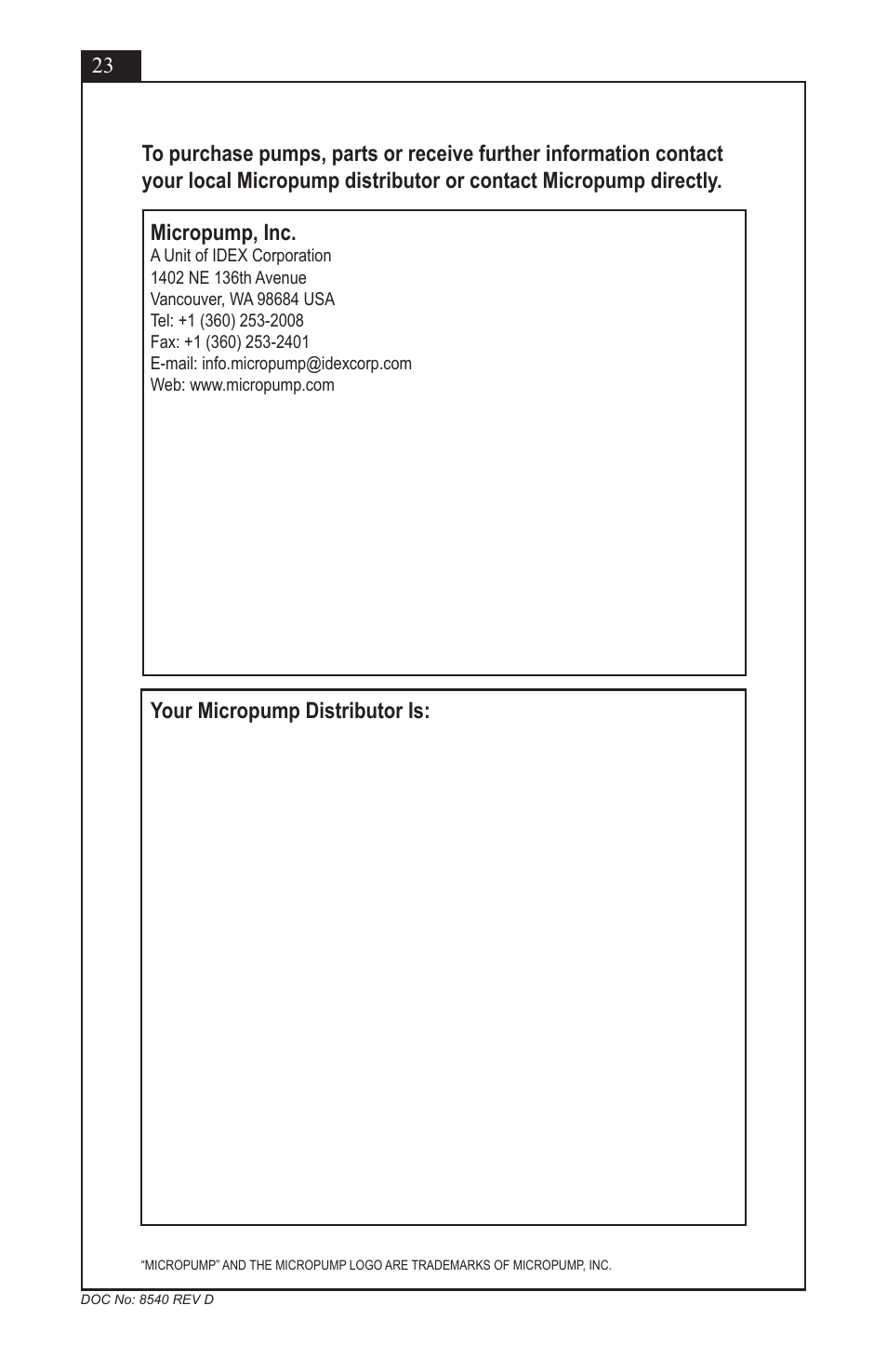 Micropump, inc, Your micropump distributor is | Micropump EagleDrive ELE User Manual | Page 23 / 23