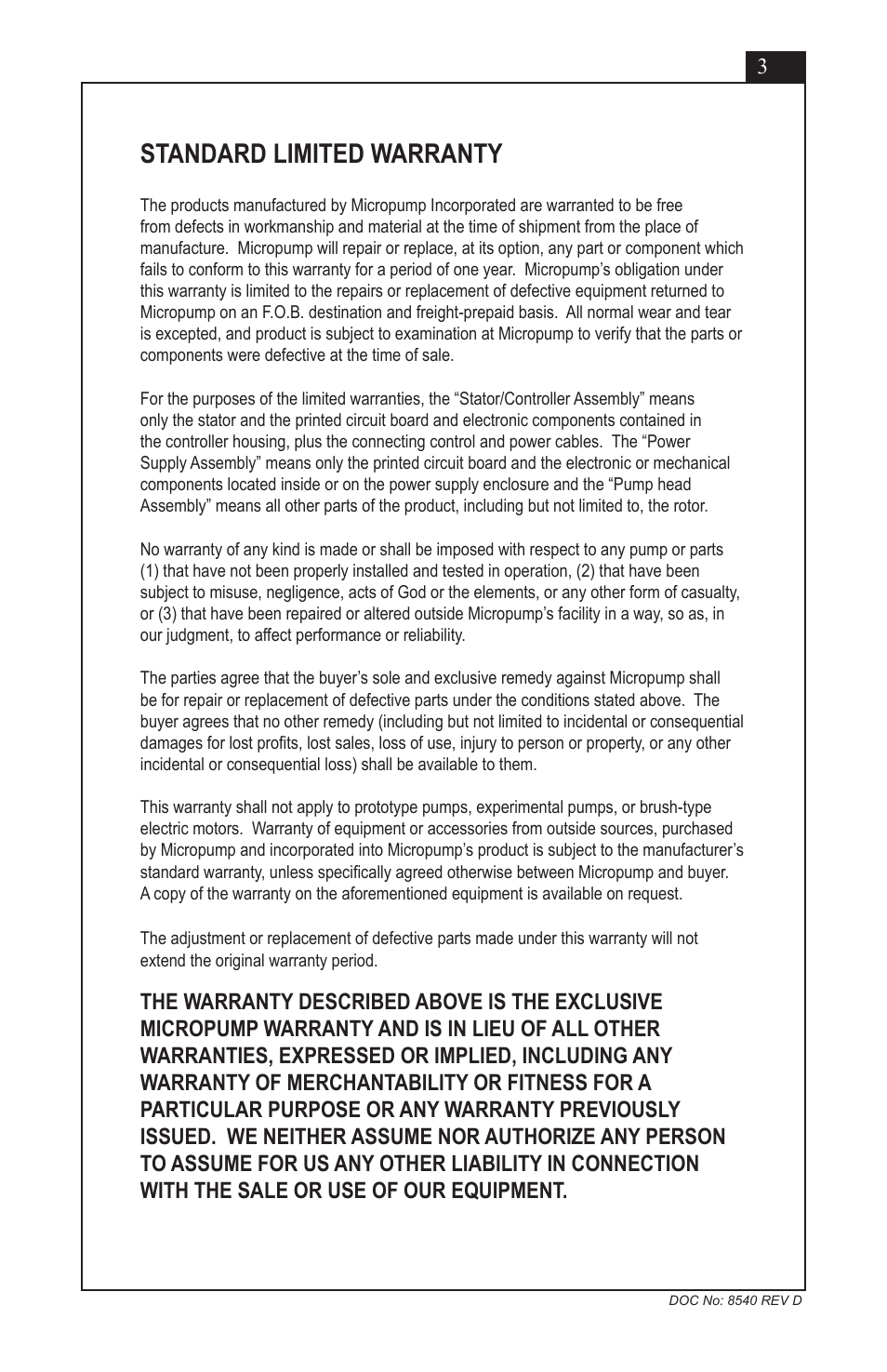 Standard limited warranty | Micropump EagleDrive ELE User Manual | Page 3 / 23