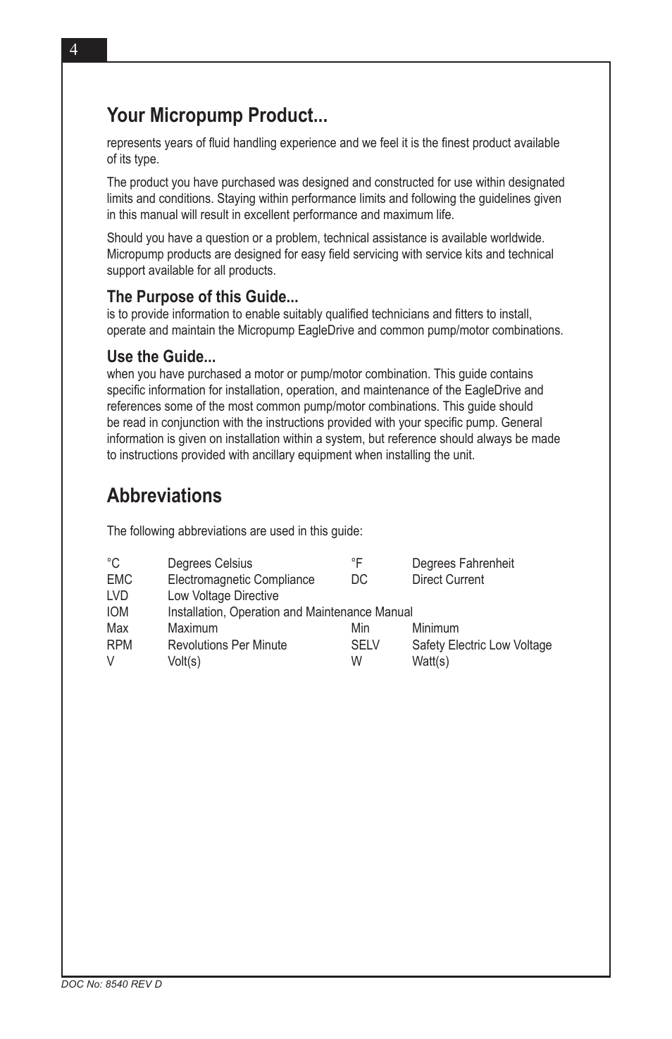 Abbreviations, Your micropump product, The purpose of this guide | Use the guide | Micropump EagleDrive ELE User Manual | Page 4 / 23