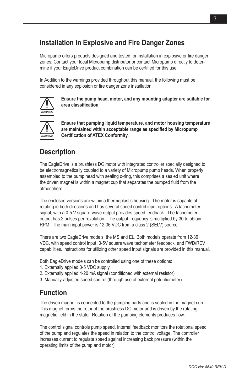 Installation in explosive and fire danger zones, Description, Function | Micropump EagleDrive ELE User Manual | Page 7 / 23