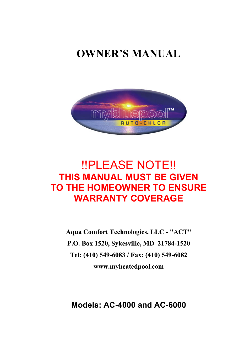 Aqua Products Auto-Chlor AC-6000 User Manual | 24 pages