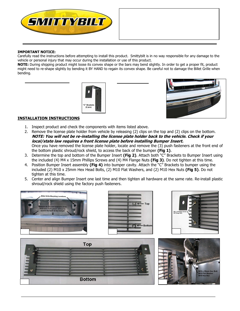 Smittybilt 886357 Bumper Billet Grille User Manual | 1 page