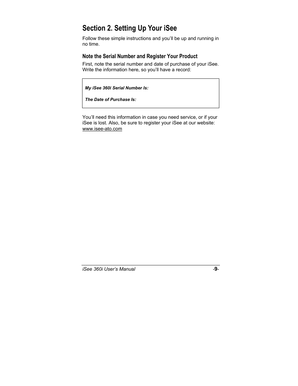 Note the serial number and register your product, Section 2. setting up your isee | ATO iSee 360i User Manual | Page 15 / 84