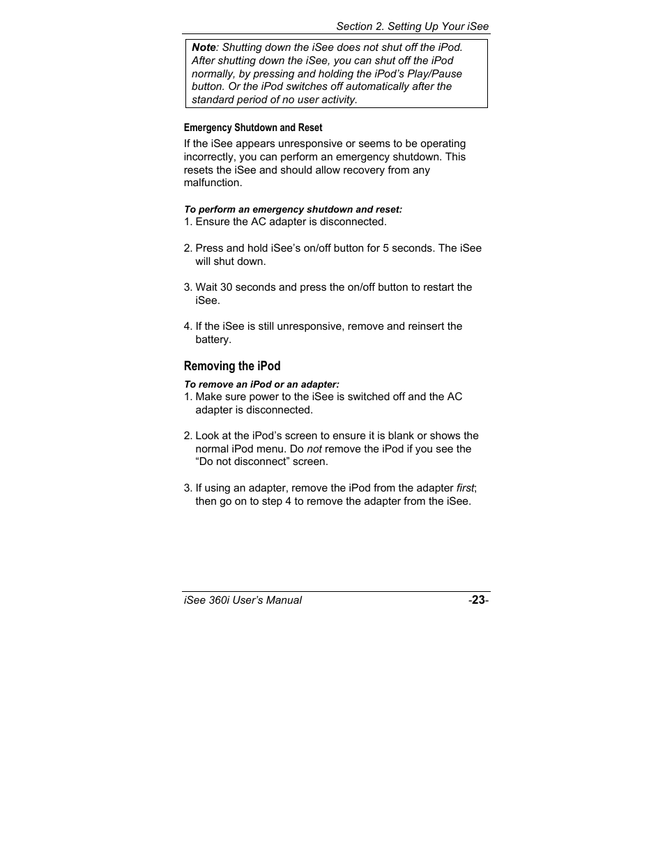 Emergency shutdown and reset, Removing the ipod | ATO iSee 360i User Manual | Page 29 / 84