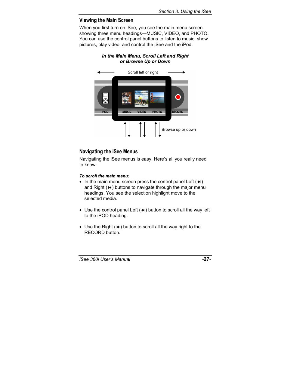 Viewing the main screen, Navigating the isee menus | ATO iSee 360i User Manual | Page 33 / 84