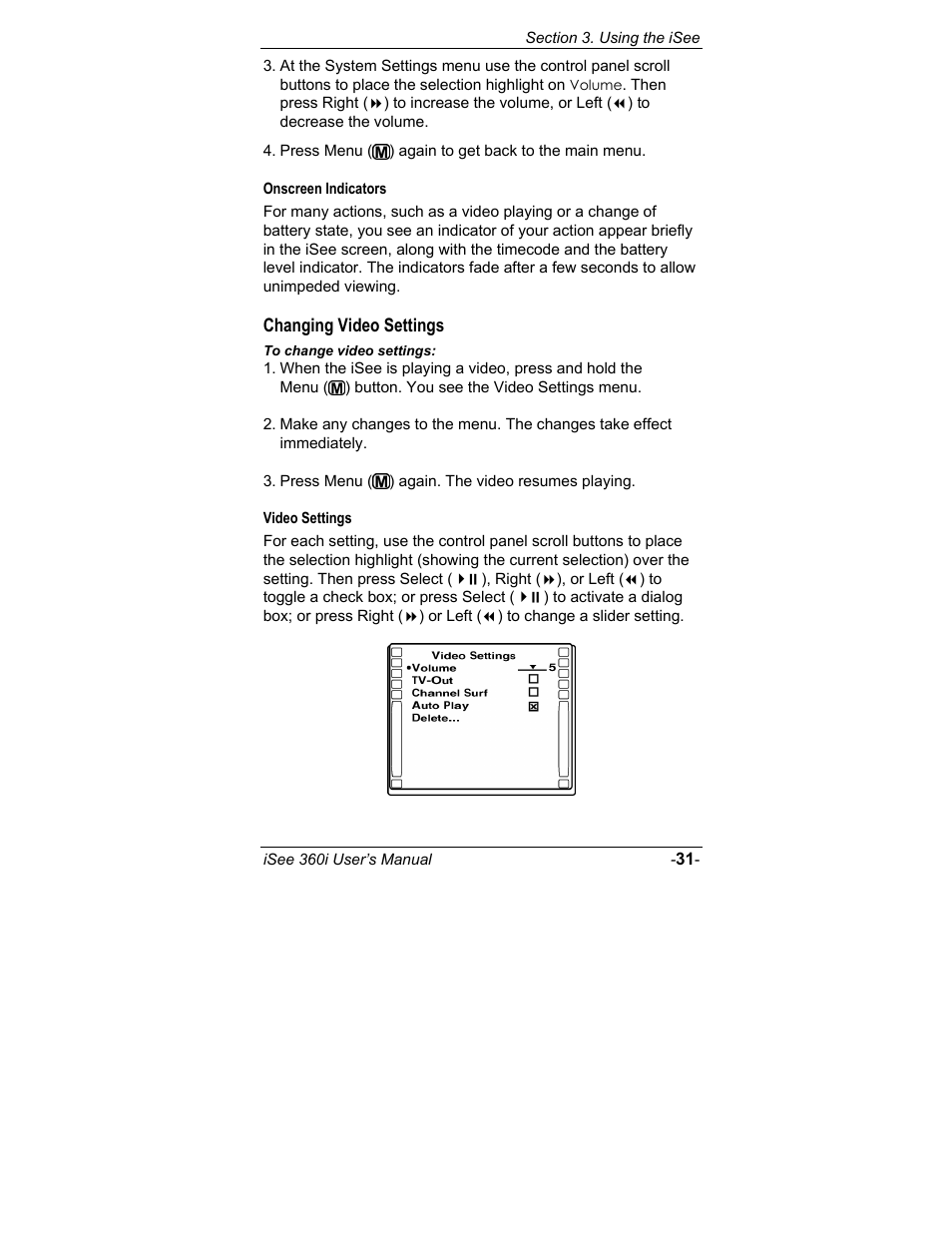 Onscreen indicators, Changing video settings, Video settings | ATO iSee 360i User Manual | Page 37 / 84