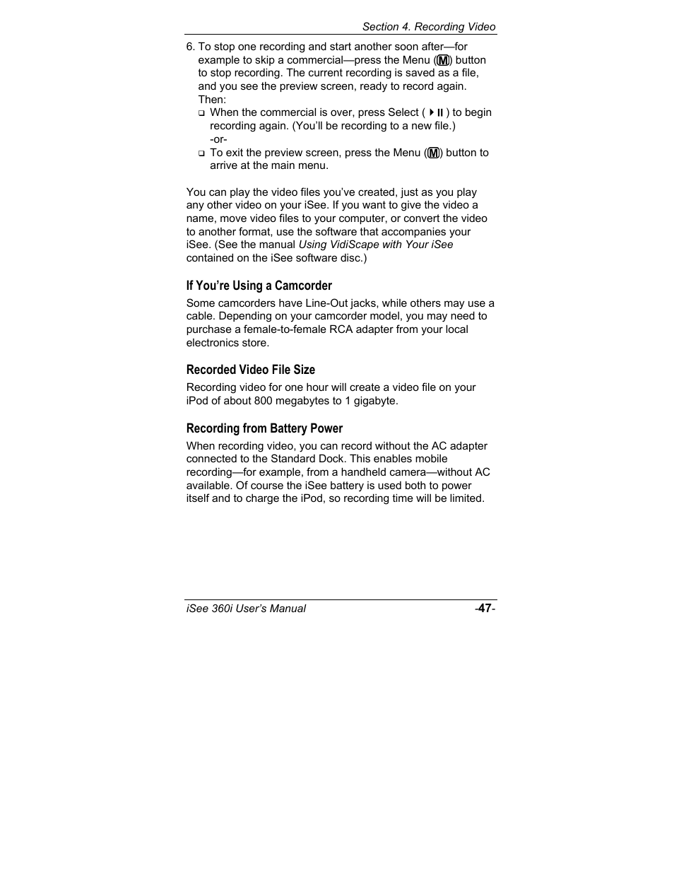 If you’re using a camcorder, Recorded video file size, Recording from battery power | ATO iSee 360i User Manual | Page 53 / 84