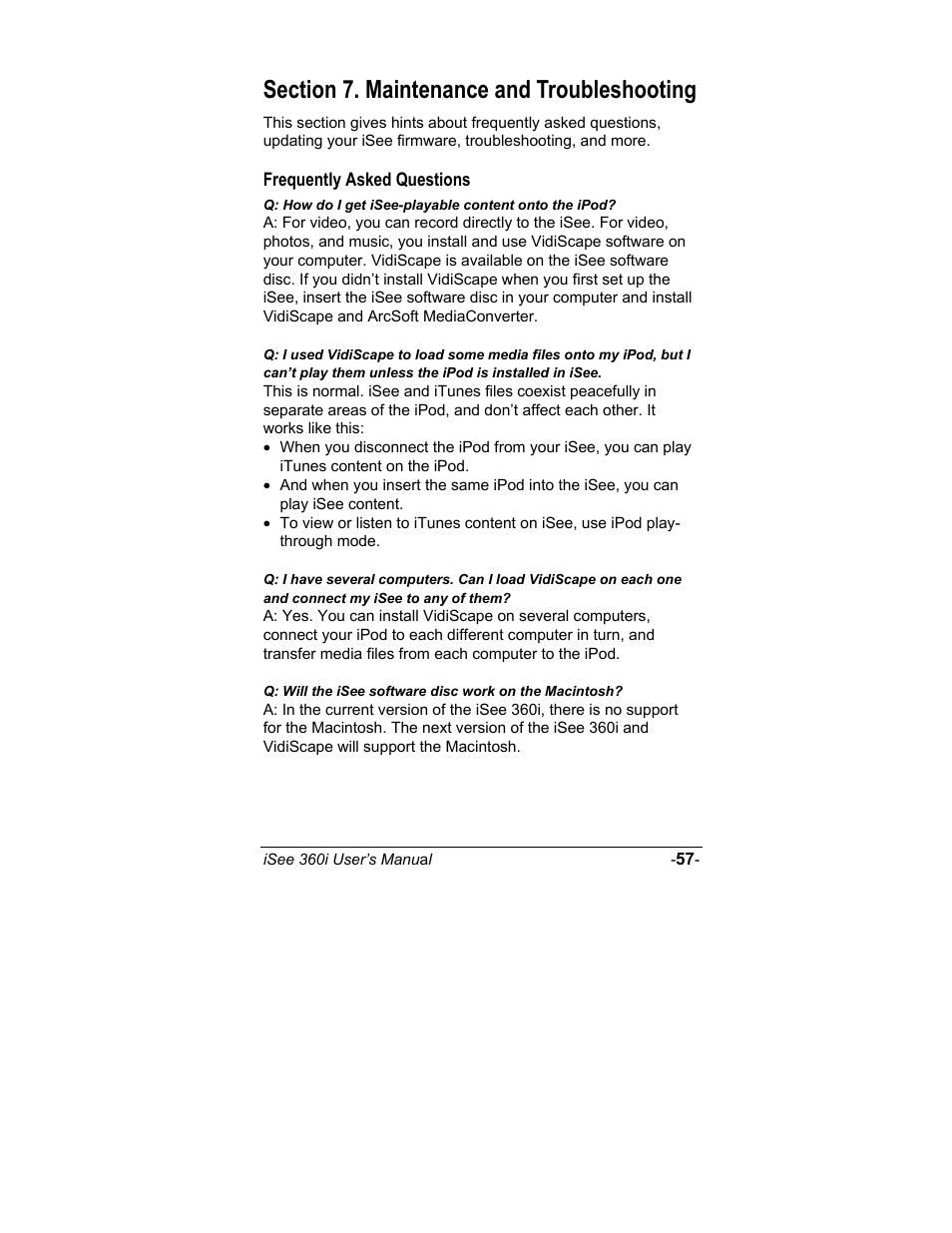 Frequently asked questions, Section 7. maintenance and troubleshooting | ATO iSee 360i User Manual | Page 63 / 84