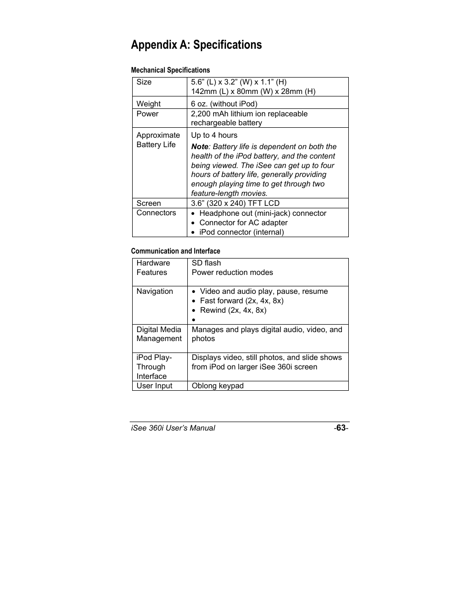 Mechanical specifications, Communication and interface, Appendix a: specifications | ATO iSee 360i User Manual | Page 69 / 84