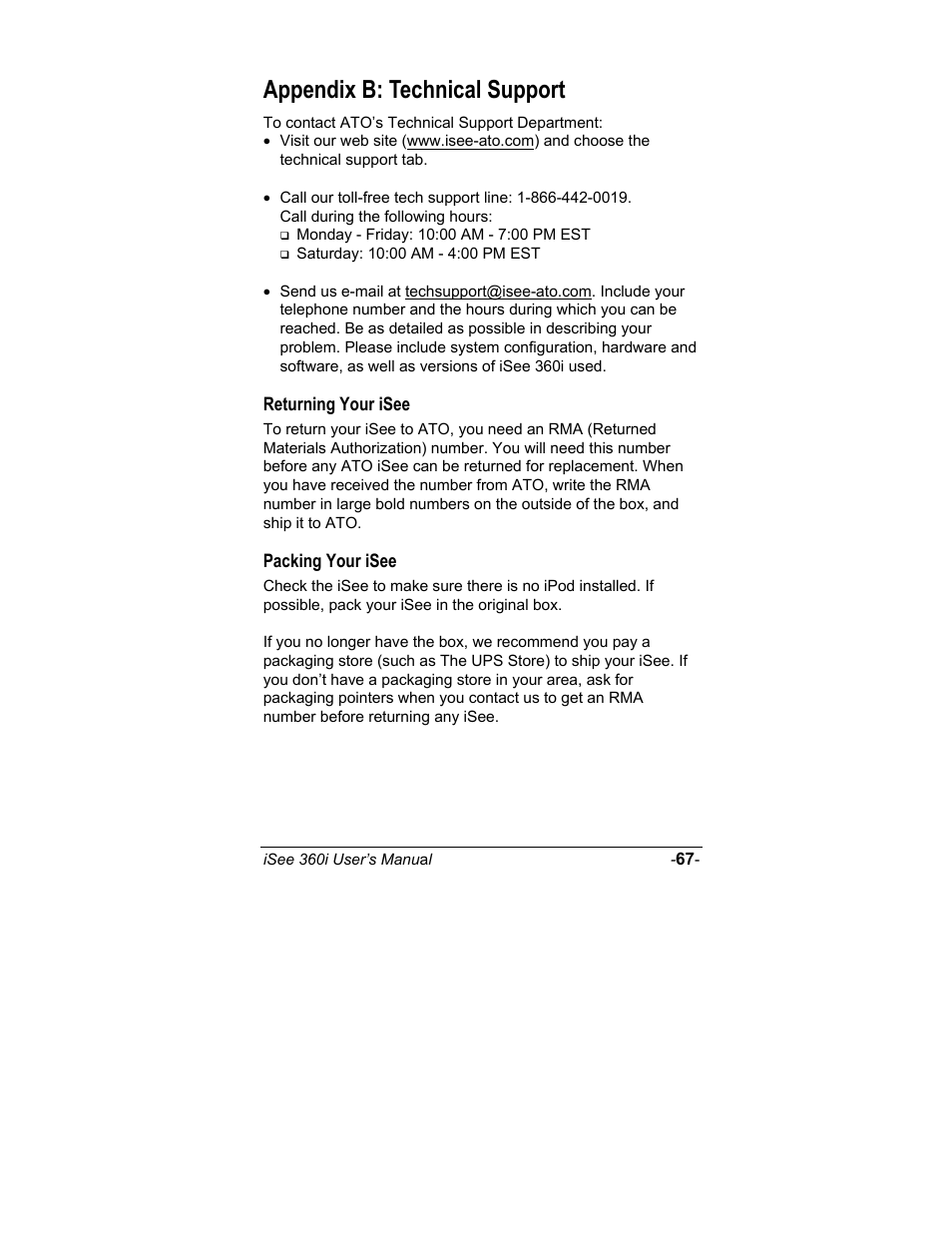 Returning your isee, Packing your isee, Appendix b: technical support | ATO iSee 360i User Manual | Page 73 / 84