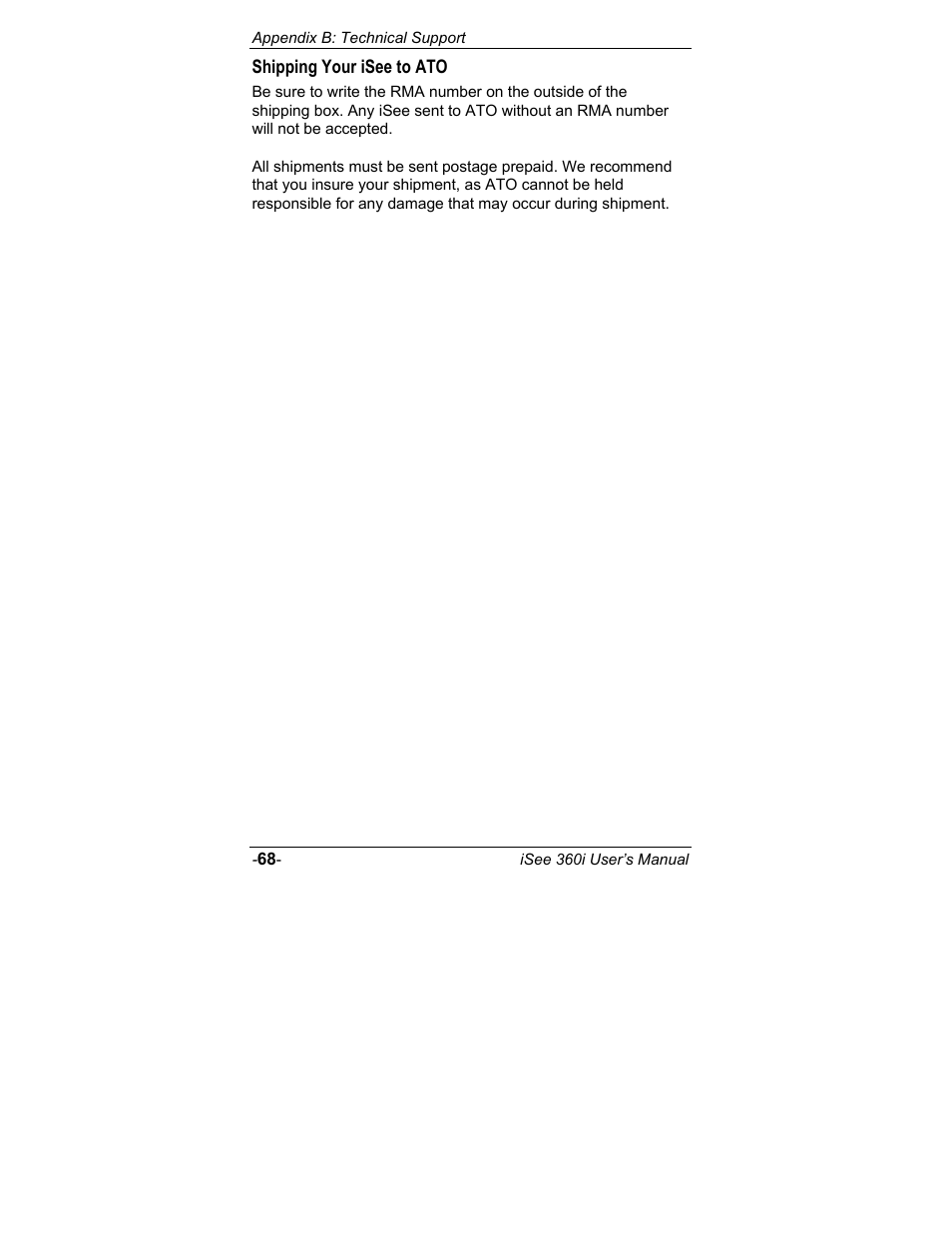 Shipping your isee to ato | ATO iSee 360i User Manual | Page 74 / 84