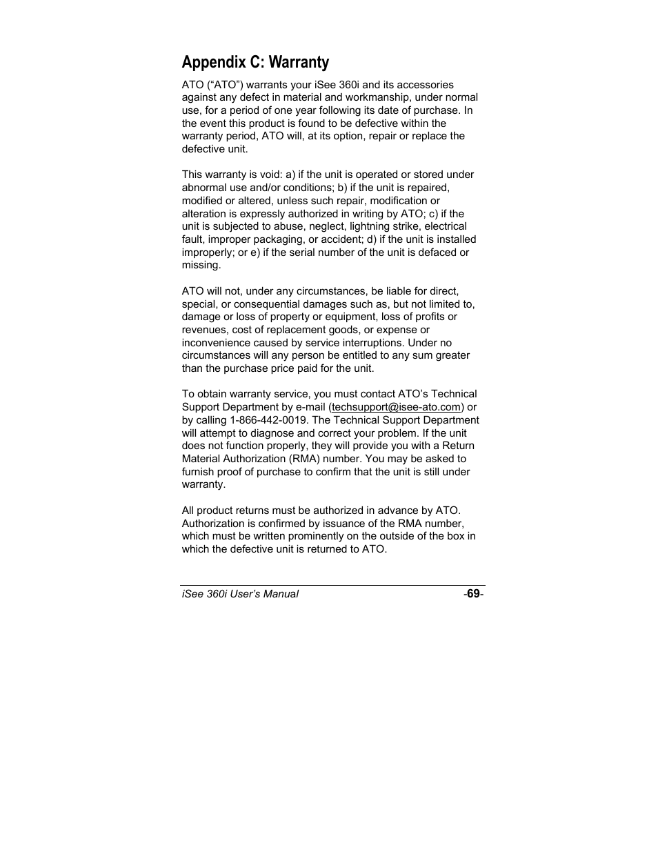 Appendix c: warranty | ATO iSee 360i User Manual | Page 75 / 84