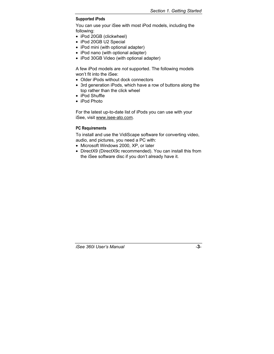 Supported ipods, Pc requirements | ATO iSee 360i User Manual | Page 9 / 84