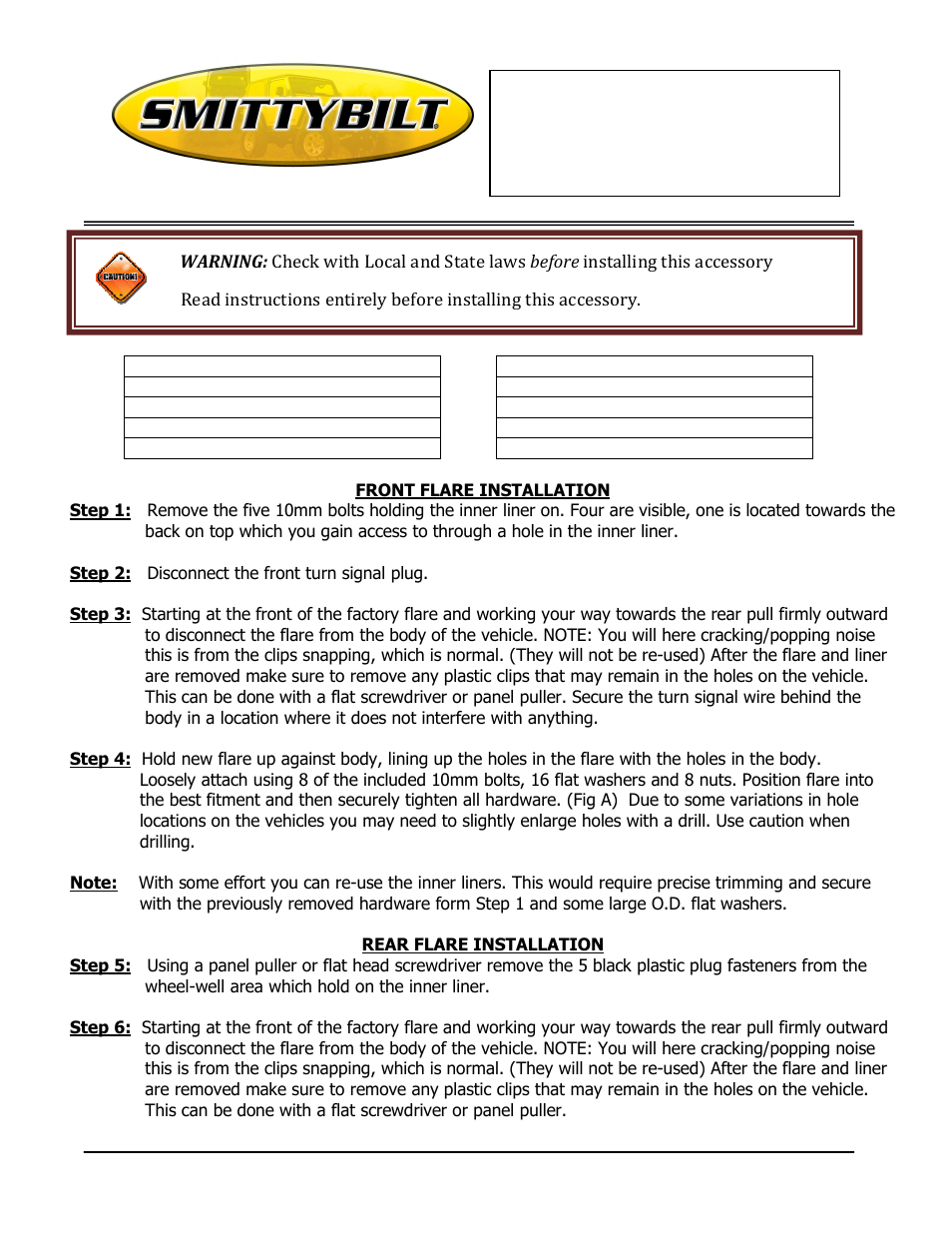 Smittybilt 76837 XRC Fender Flares User Manual | 3 pages