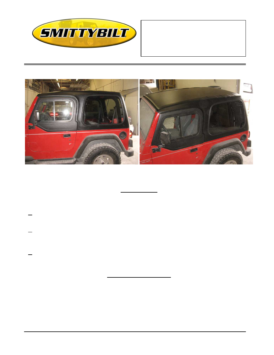 Installation instructions, 06 jeep hardtop (1-piece) | Smittybilt 519801 Hardtop (1-piece) User Manual | Page 5 / 6