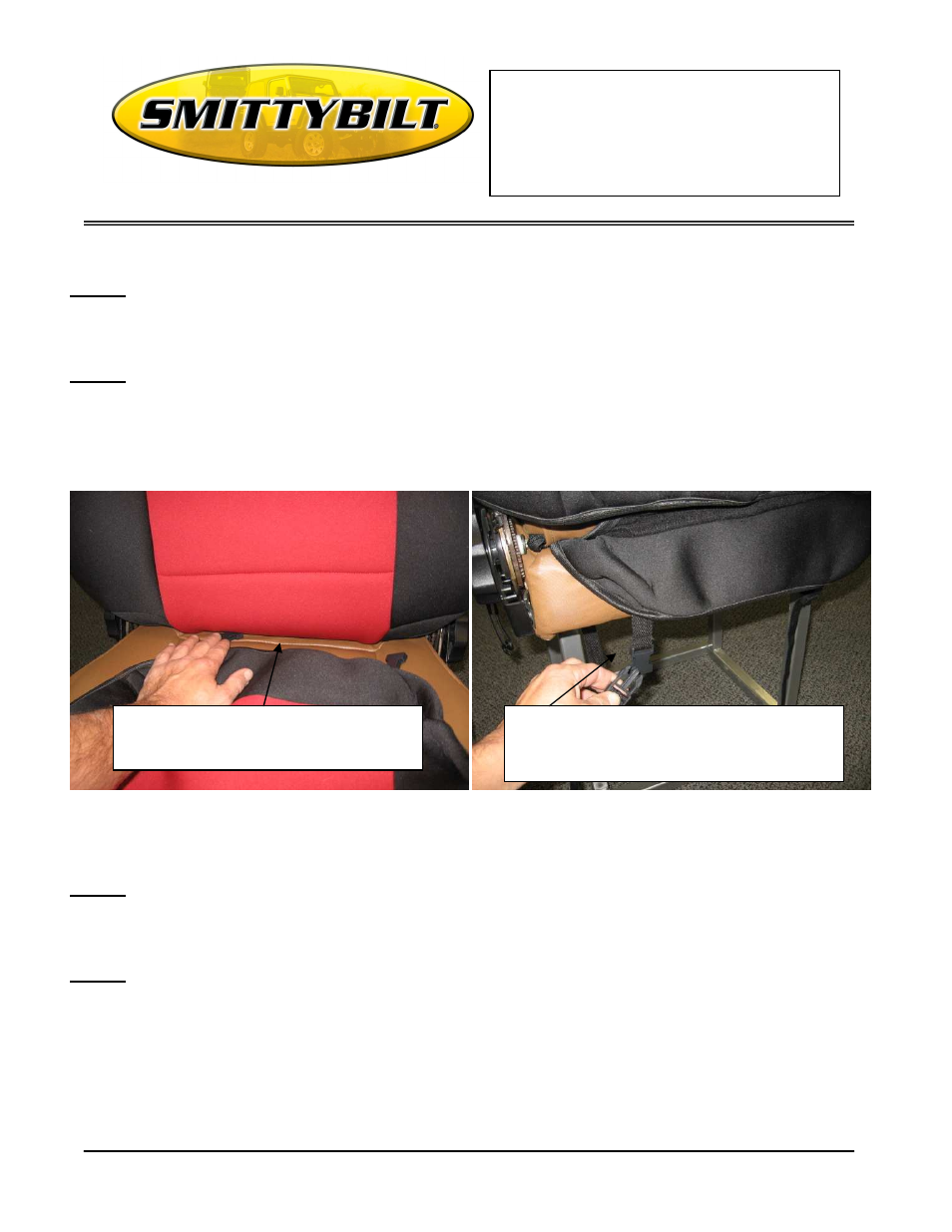 Installation instructions, Neoprene seat covers | Smittybilt Neoprene Seat Covers User Manual | Page 2 / 3
