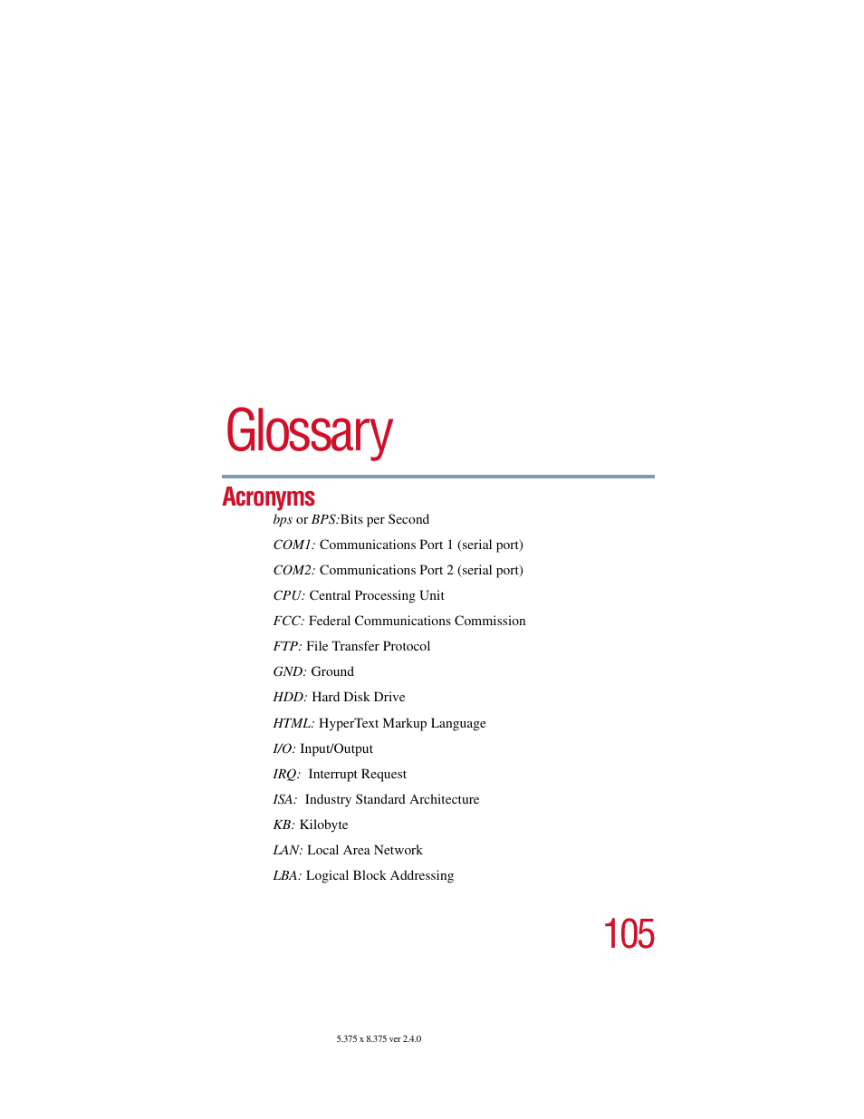 Glossary, Acronyms | Toshiba V.92 User Manual | Page 105 / 120