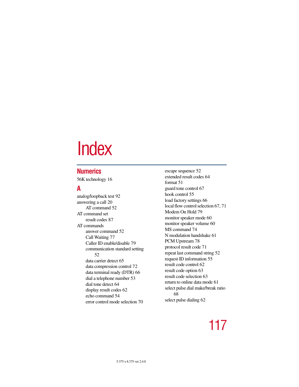 Index | Toshiba V.92 User Manual | Page 117 / 120