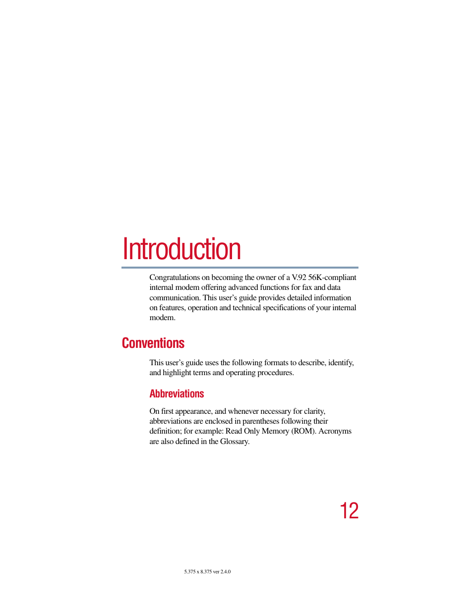 Introduction, Conventions | Toshiba V.92 User Manual | Page 12 / 120