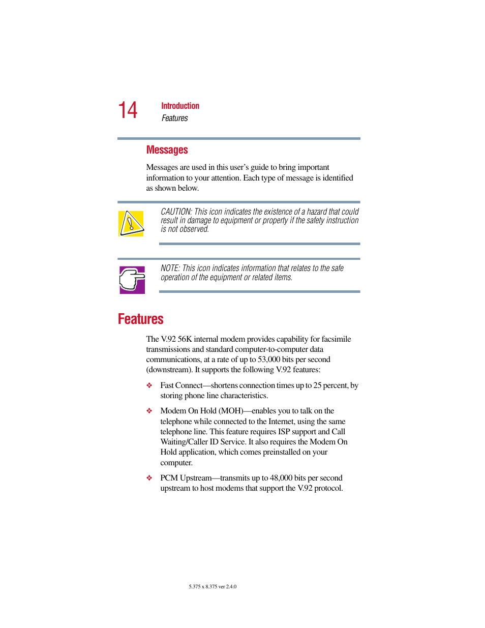 Features | Toshiba V.92 User Manual | Page 14 / 120