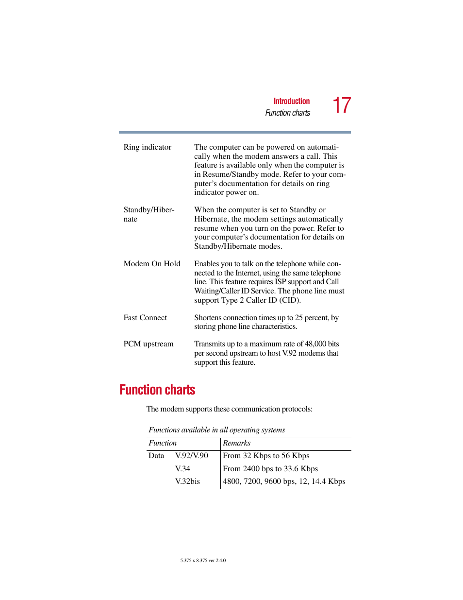 Function charts | Toshiba V.92 User Manual | Page 17 / 120