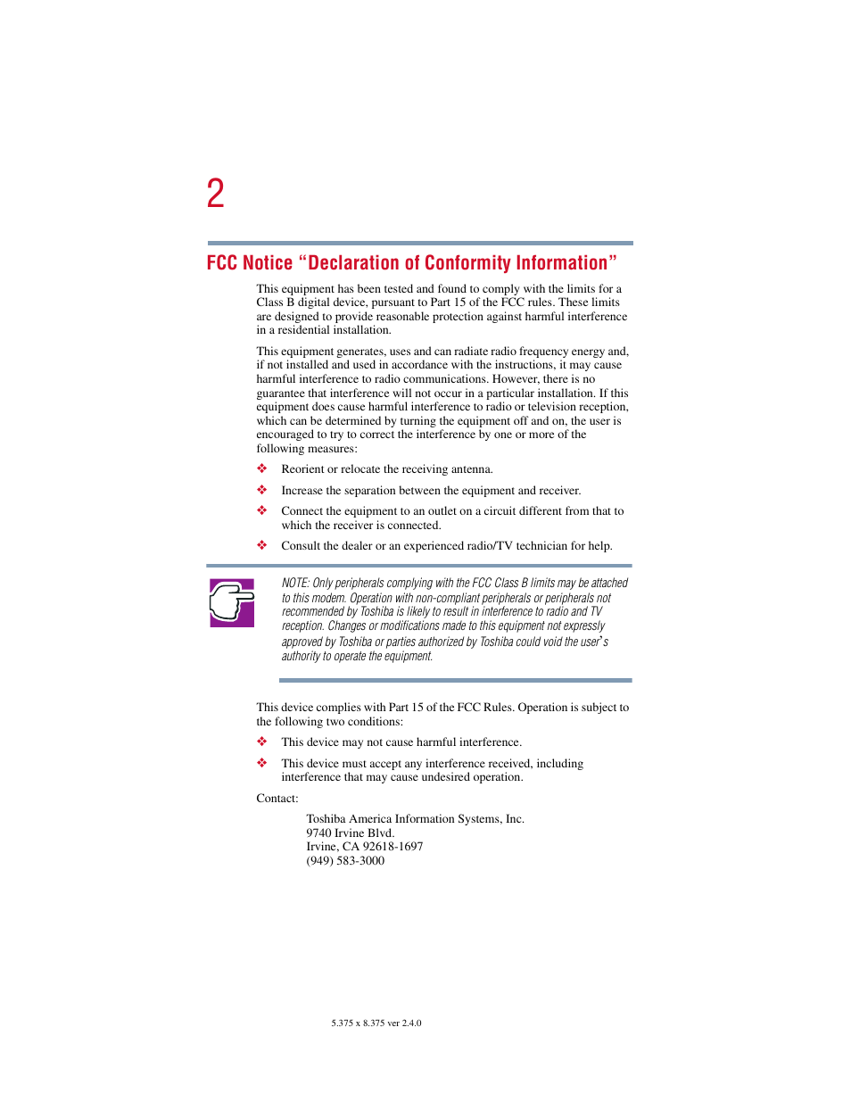 Fcc notice “declaration of conformity information | Toshiba V.92 User Manual | Page 2 / 120