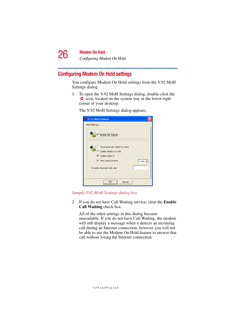 Configuring modem on hold settings | Toshiba V.92 User Manual | Page 26 / 120