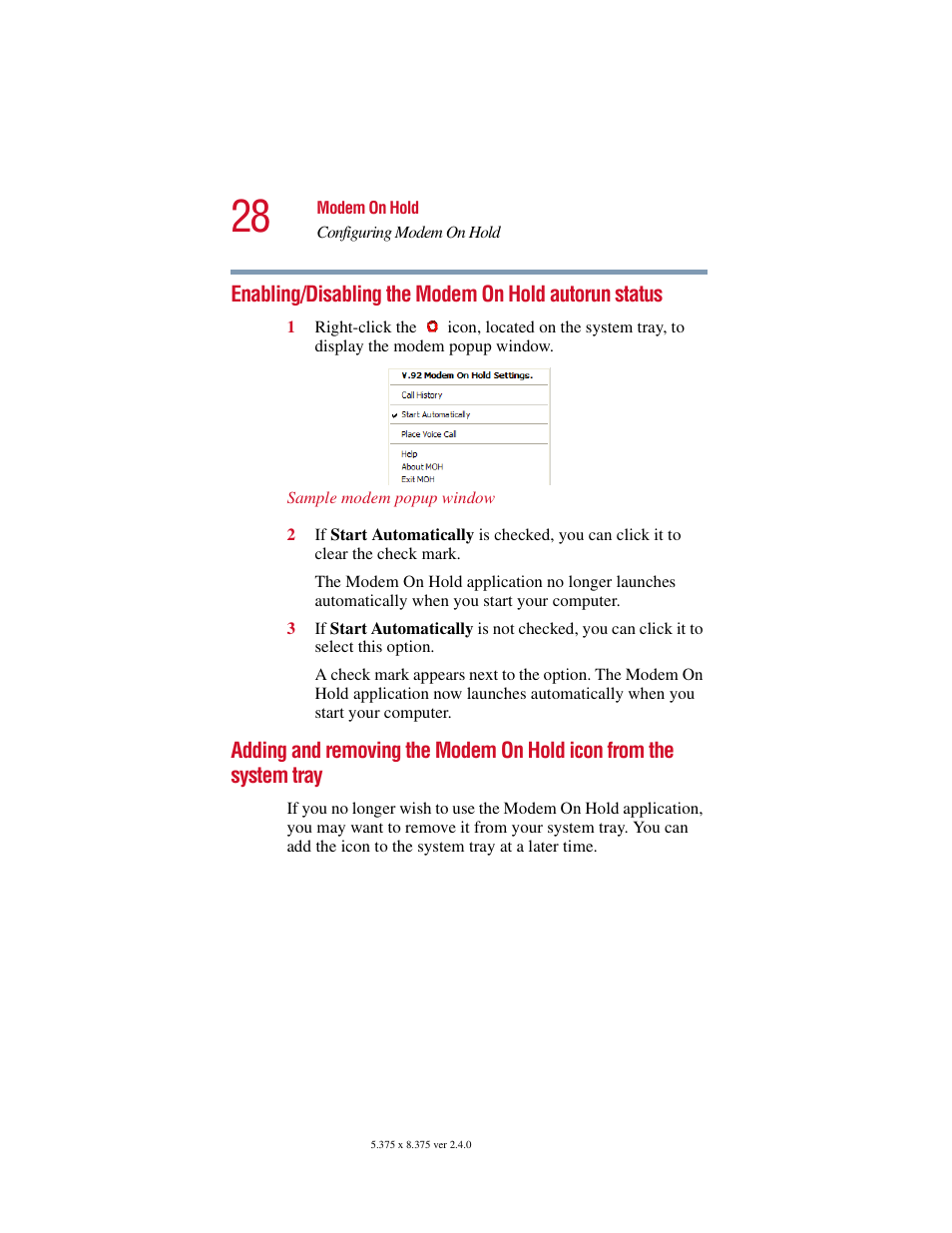 Enabling/disabling the modem on hold, Autorun status, Adding and removing the modem on hold | Icon from the system tray | Toshiba V.92 User Manual | Page 28 / 120