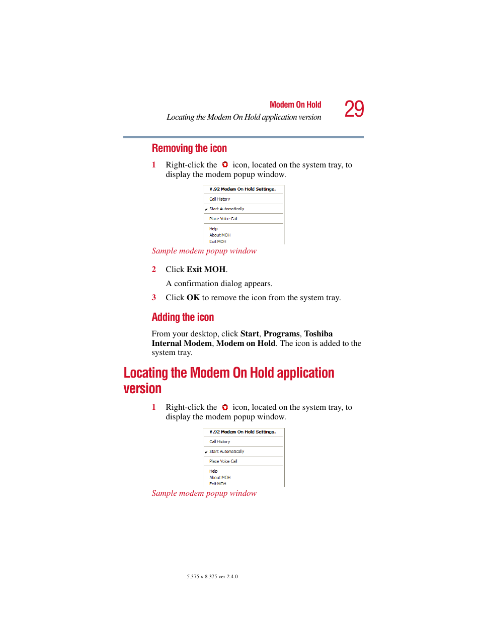 Locating the modem on hold application version | Toshiba V.92 User Manual | Page 29 / 120