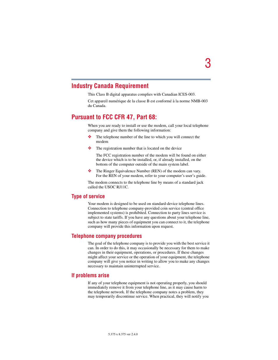 Industry canada requirement, Pursuant to fcc cfr 47, part 68 | Toshiba V.92 User Manual | Page 3 / 120