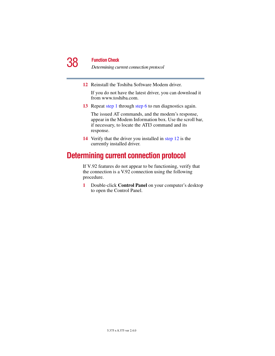 Determining current connection protocol | Toshiba V.92 User Manual | Page 38 / 120