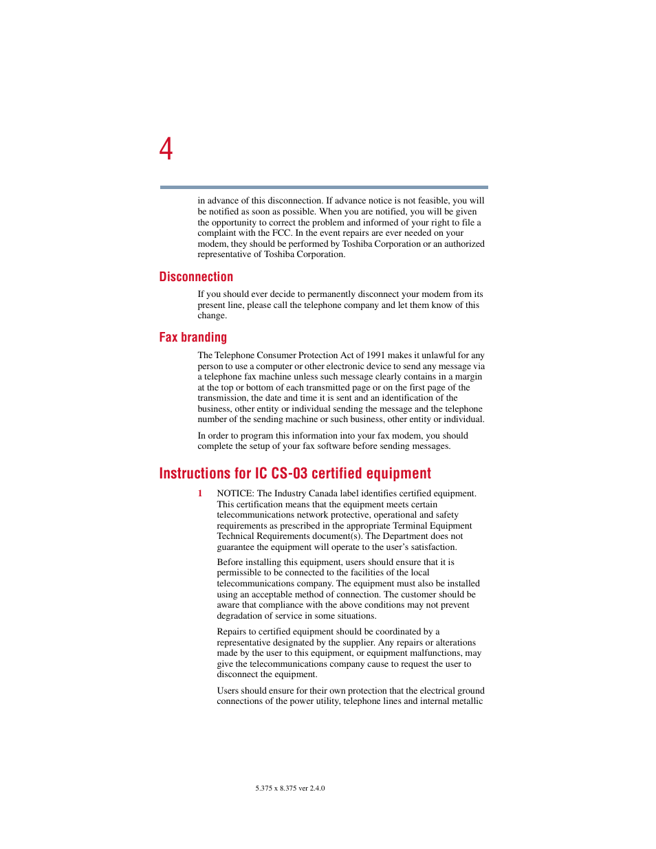 Instructions for ic cs-03 certified equipment | Toshiba V.92 User Manual | Page 4 / 120
