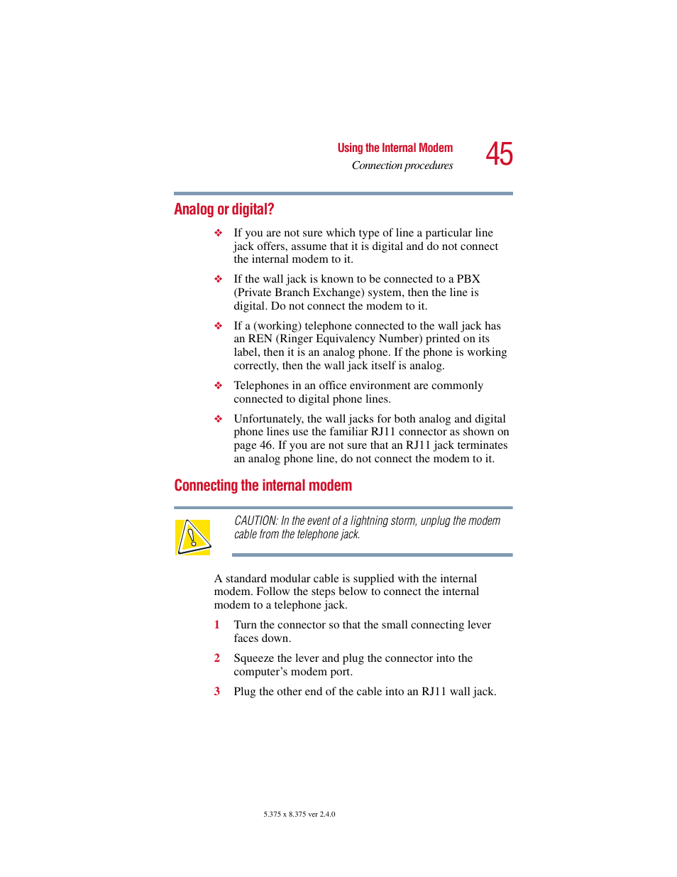 Analog or digital, Connecting the internal modem, Analog or digital? connecting the internal modem | Toshiba V.92 User Manual | Page 45 / 120